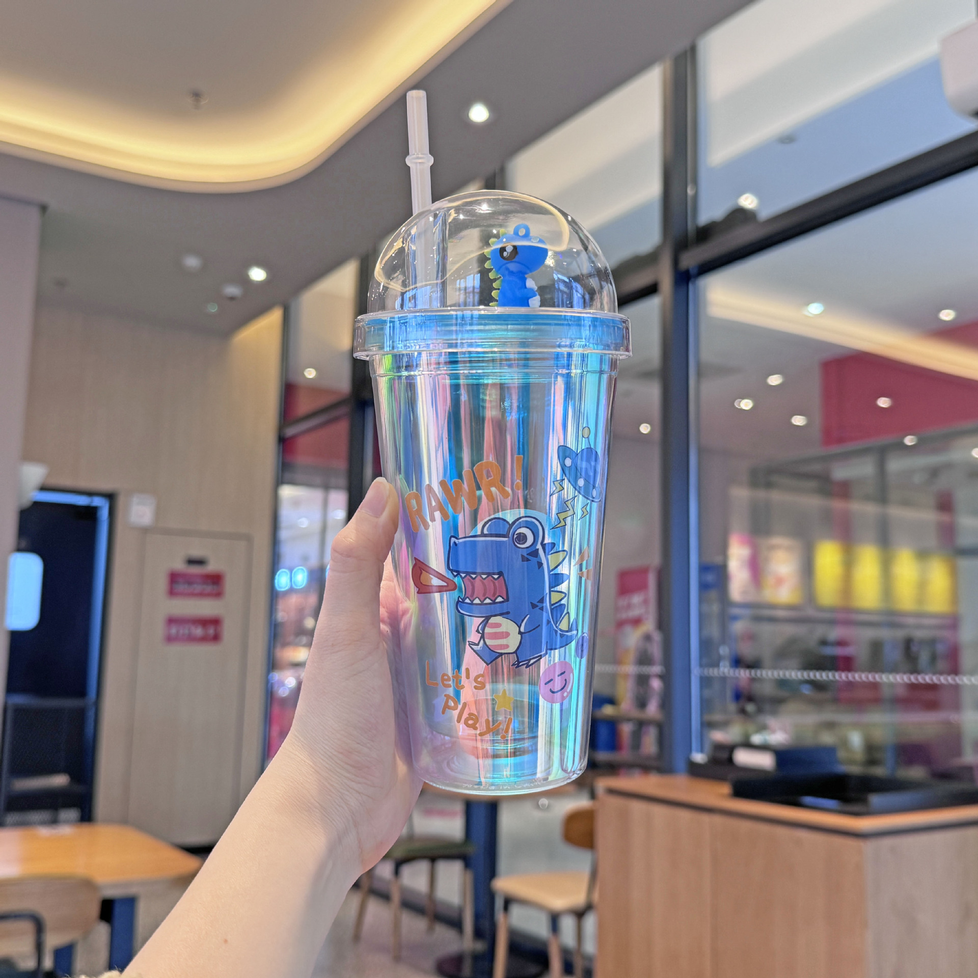 外贸新款双层塑料杯批发微景观奶茶吸管杯卡通恐龙镭射冰裂碎冰杯详情13