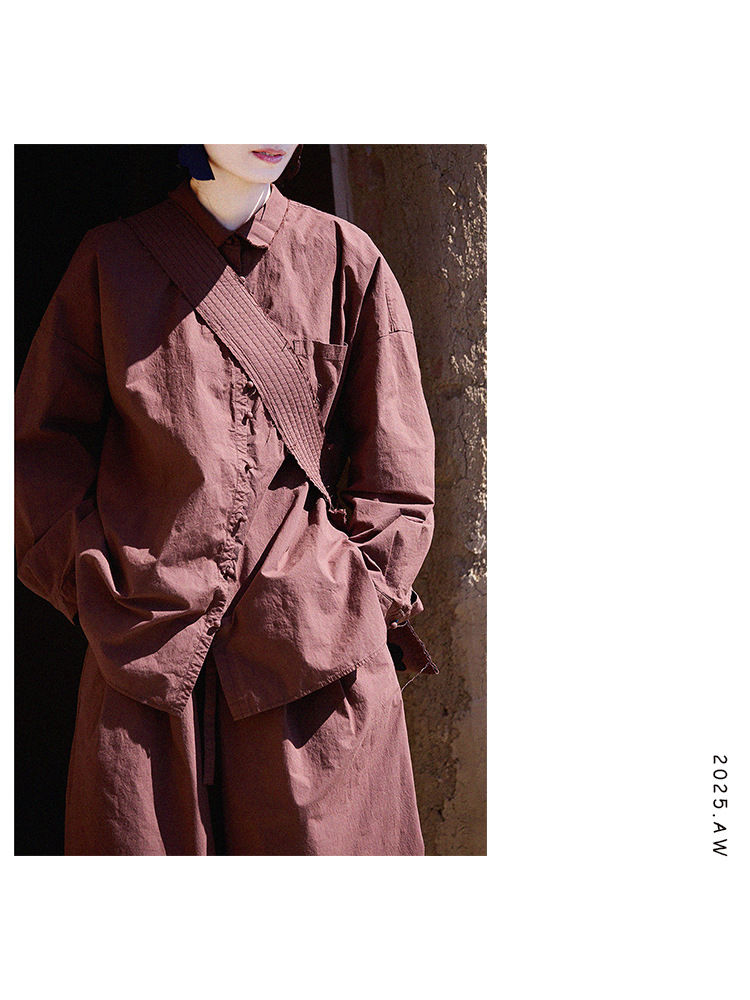 New autumn and winter style, artistic and retro original hazelnut red-brown cotton casual top, high-density, slightly elastic loose shirt for women pic 32