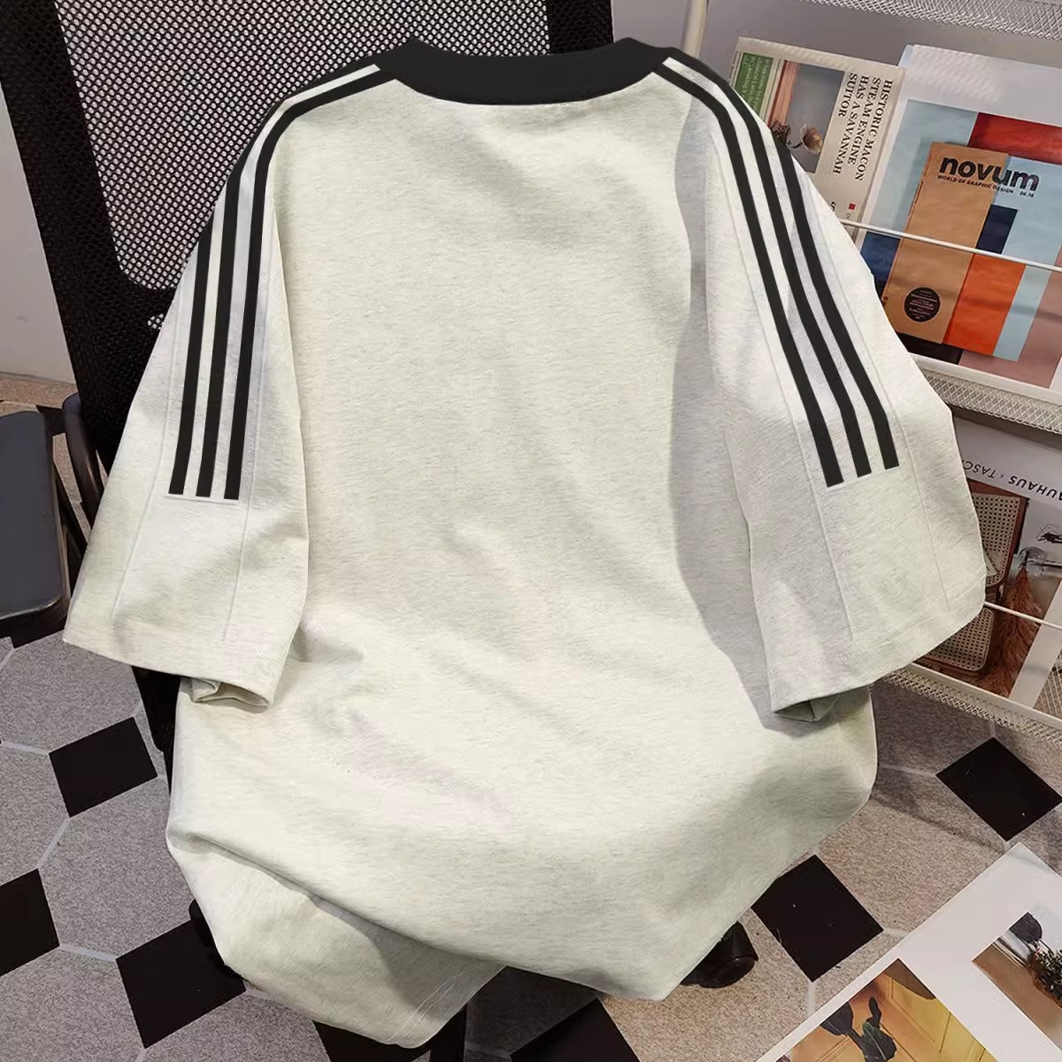 美式纯棉三条杠短袖t恤男复古夏季圆领宽松百搭慵懒感情侣上衣服详情3