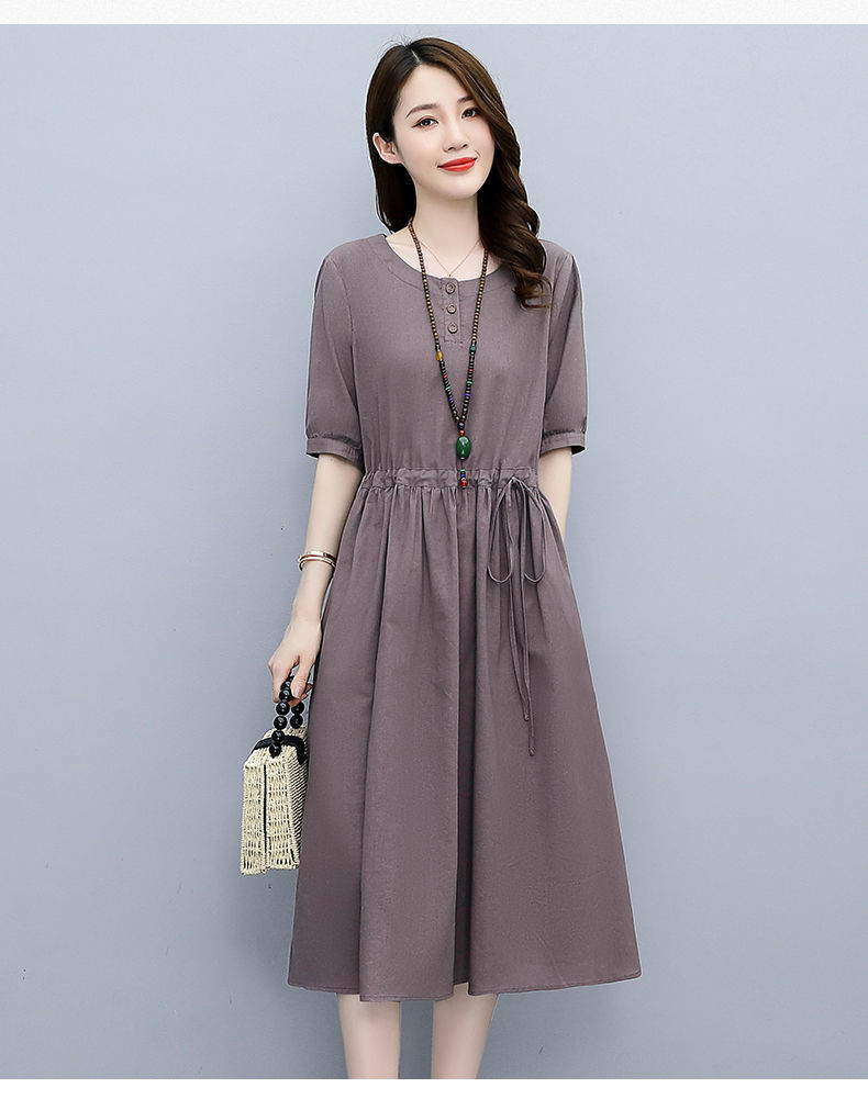 Mid-length cotton and linen dress for women, new summer 2024, high-end and elegant, waist-cinching, slimming and belt-covering A-line dress pic 15