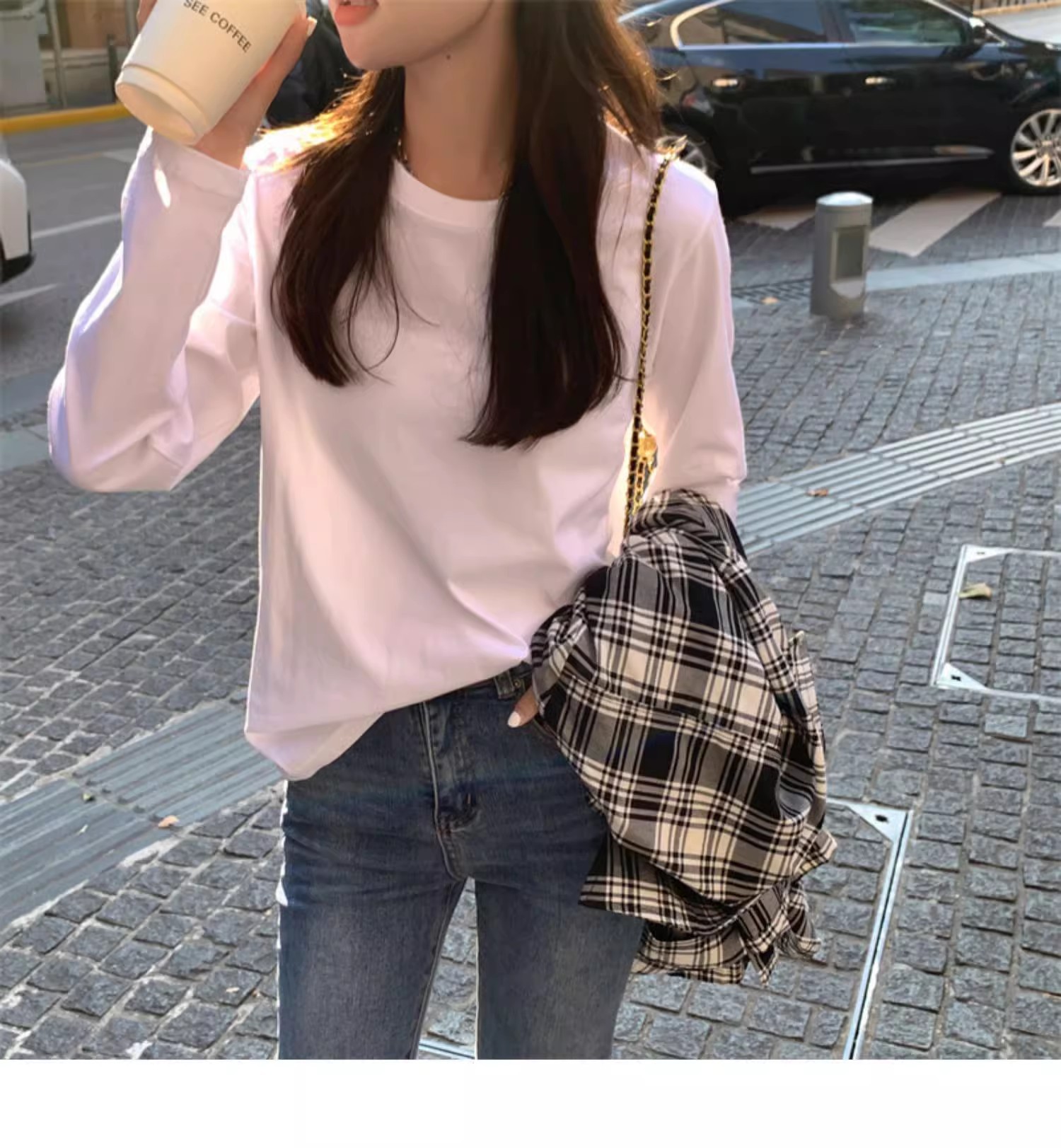 正肩长袖T恤女2023新款秋冬内搭纯棉宽松打底衫韩版白色男女上衣详情1