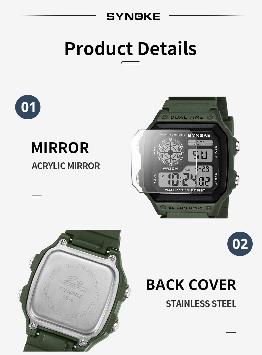 厂货SYNOKE轻薄方形经典学生手表电子表夜光防水运动男士小方块手详情26