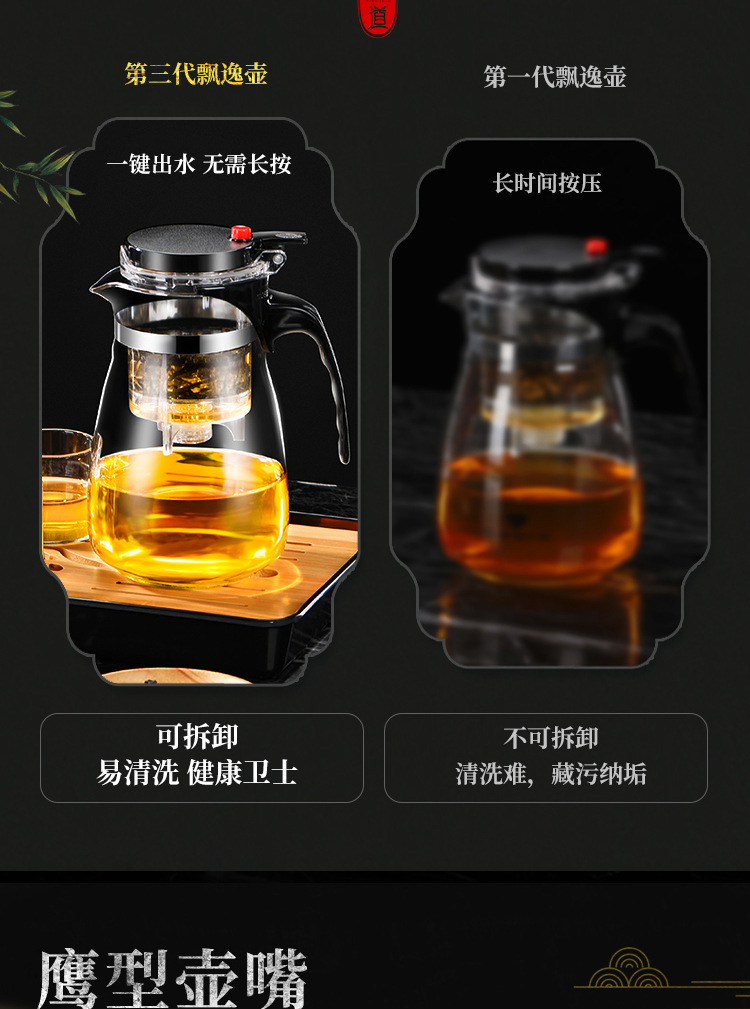 飘逸杯泡茶壶玻璃茶具 家用茶壶茶水分离过滤 耐高温水壶冲泡茶器详情10