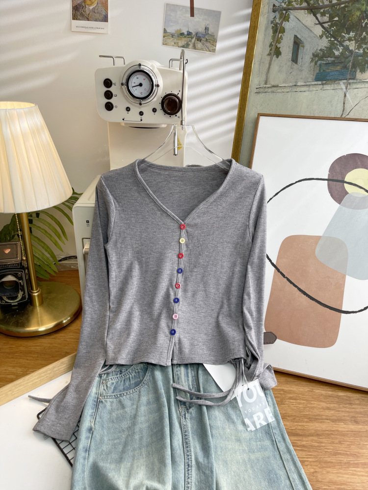 抽绳针织长袖t恤女2024秋新款修身短款设计感内搭打底衫上衣4659详情17