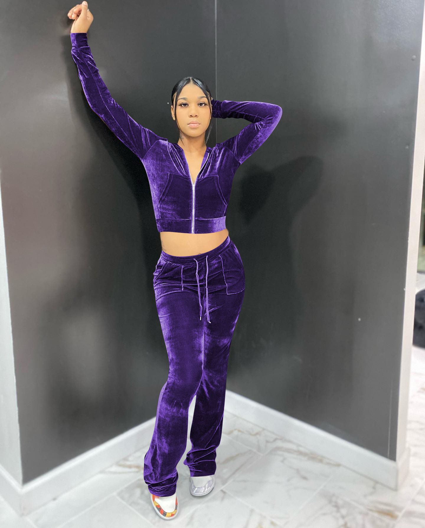 Solid color gold velvet wide-leg pants two-piece set pic 142