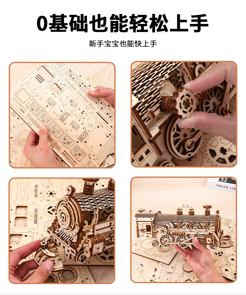 跨境新品木质3D立体拼图蒸汽火车头男女孩益智玩具桌面摆件礼物详情8