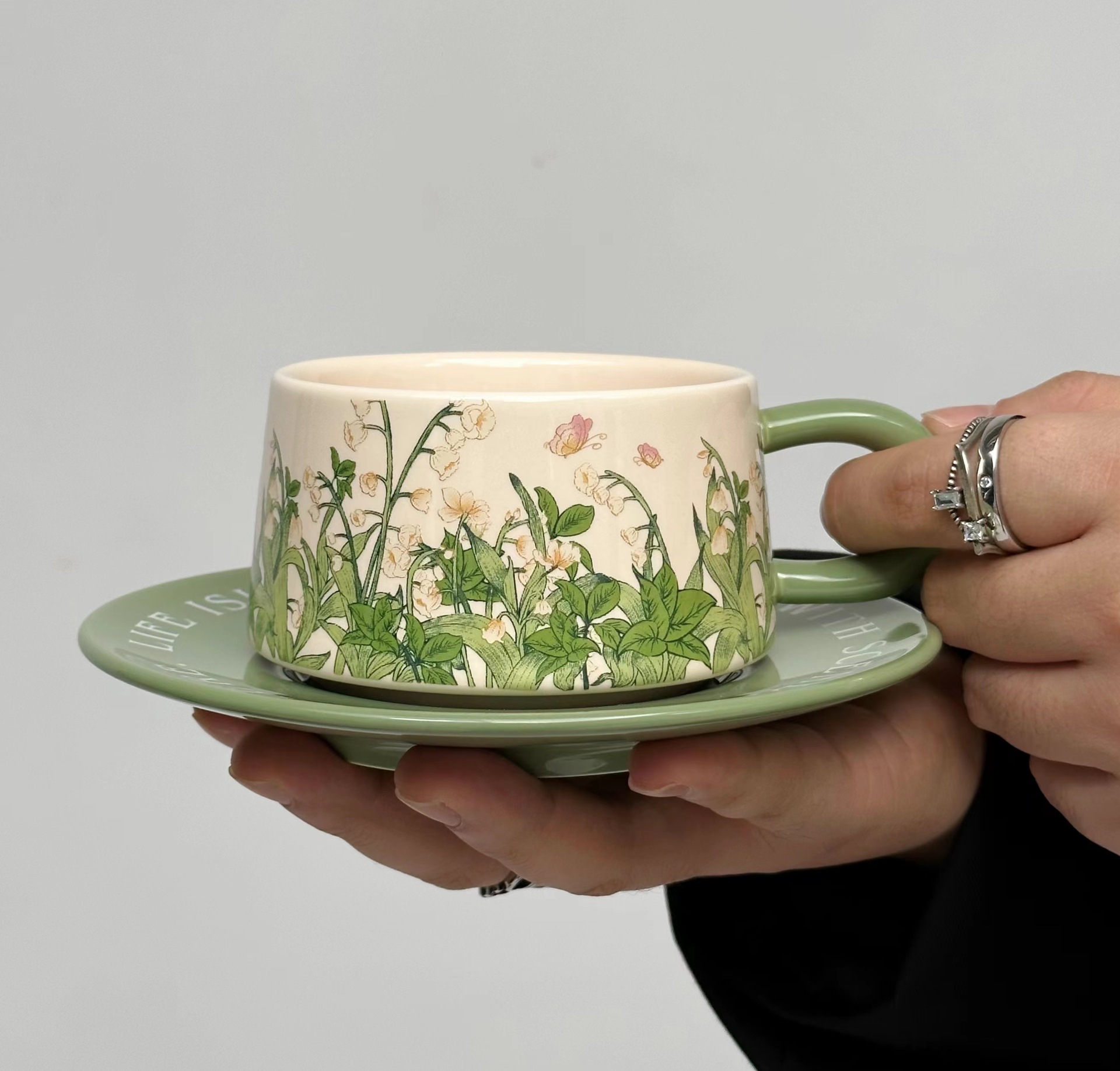 复古美式陶瓷杯碟中古风油画绿铃兰花咖啡杯碟赫本风下午茶马克杯详情2