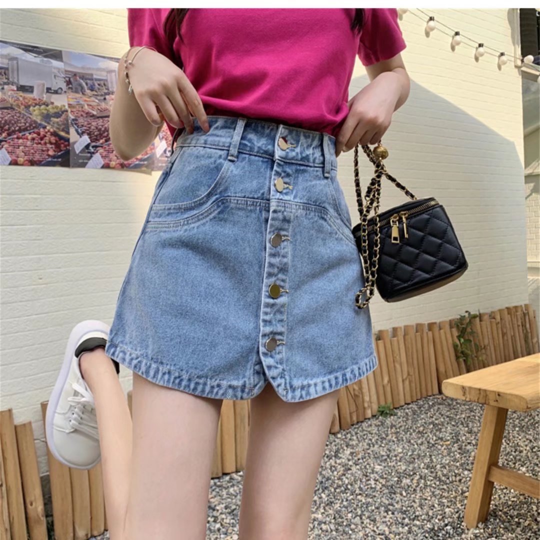 大码胖mm假两件裤裙显瘦半身短裤裙女夏季高腰牛仔短裙黑色a字裙详情11