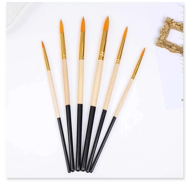 Boyixuan Cross-border 6-piece Art Nylon Wood color-block Nail Round Student diy Drawing Brush Set with Watercolor Chalk pic 12