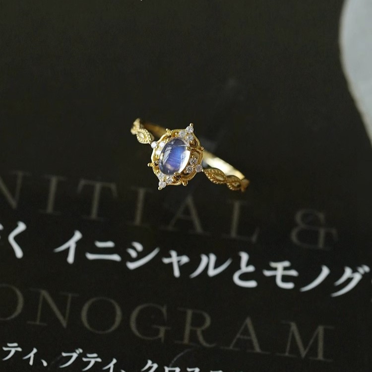 Moonstone plain ring for women, light luxury, niche and high-end feel, adjustable index finger ring, unique retro style open ring pic 1