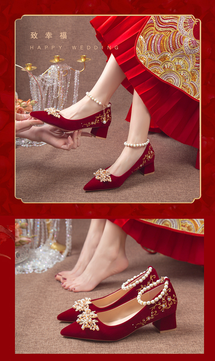 尖头粗跟结婚鞋子2024年新款中式秀禾敬酒服酒红色新娘婚鞋女孕妇详情9