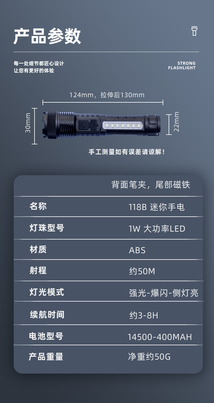 Cross-border multi-functional telescopic zoom electric display high-power strong light pen holder red and blue flashing warning tape side light flashlight pic 4