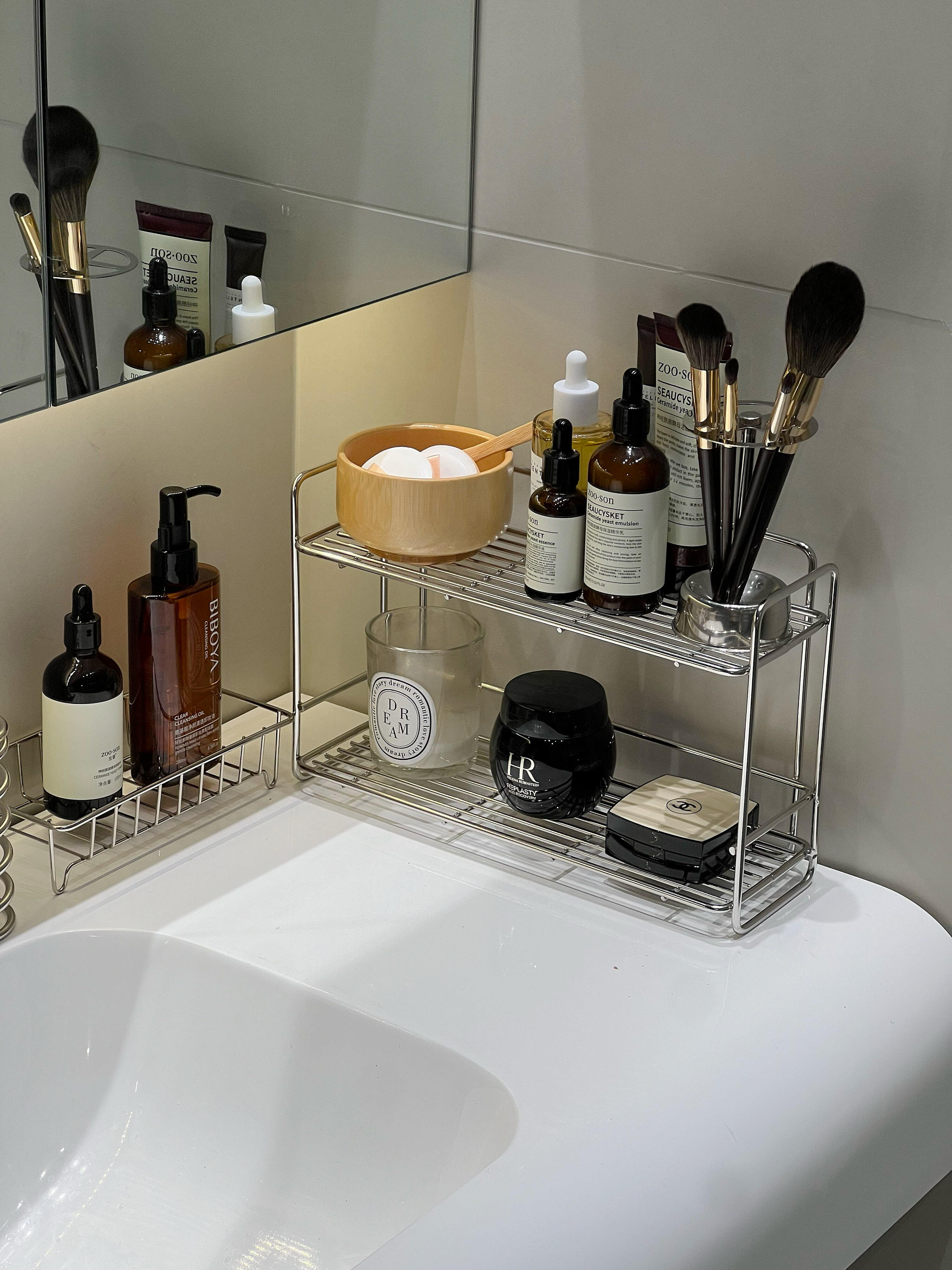 洗漱台收纳架桌面收纳盒沥水置物不锈钢化妆品筐篮铁艺卫生间浴室详情2