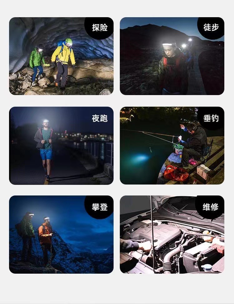 Induction headlight, LED head-mounted dual-light source night fishing headlight, USB charging running light, silicone headlight, strong light pic 5