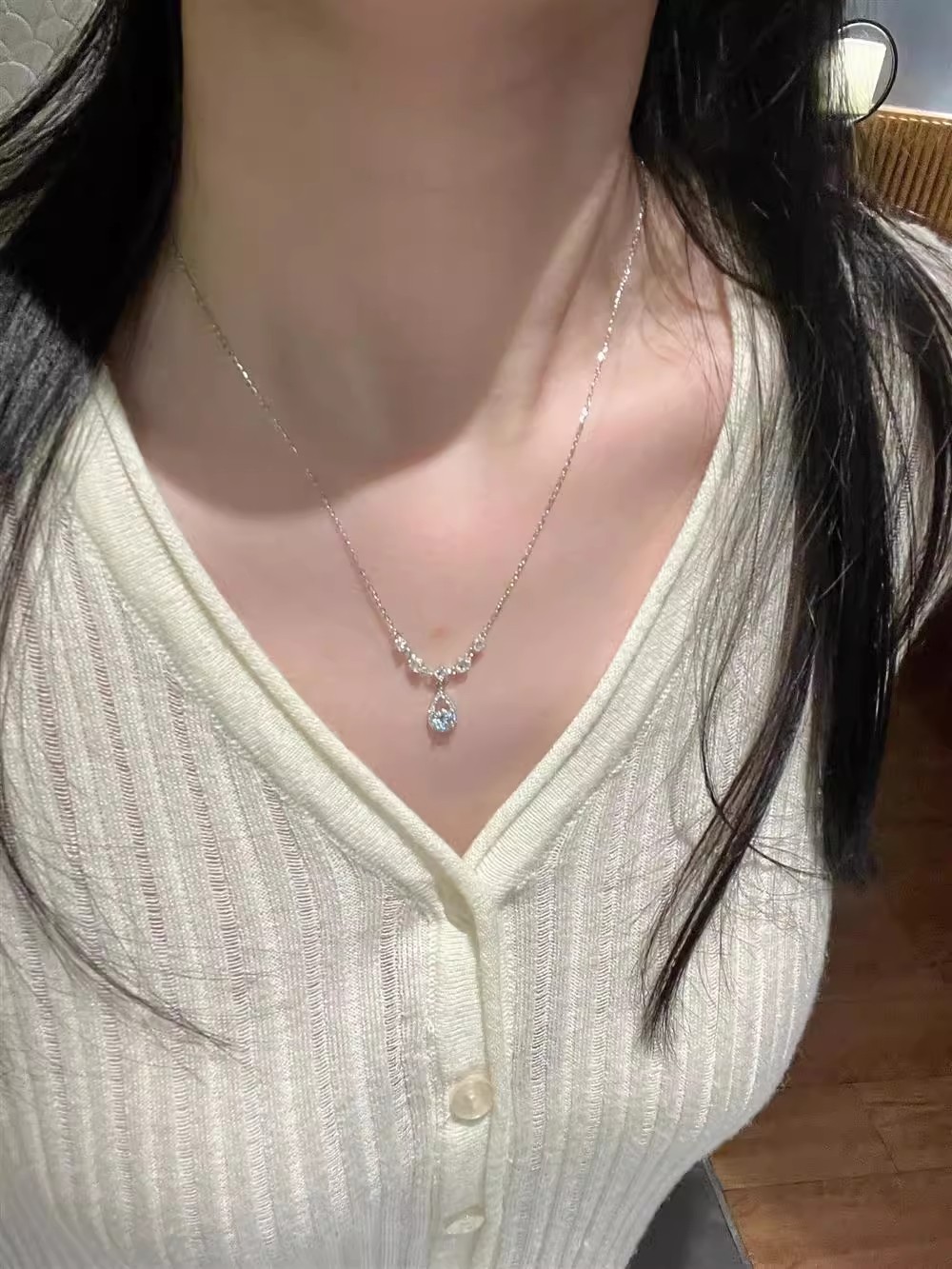 钛钢不掉色鱼人泪镀银项链女镶钻超闪轻奢小众精致时尚锁骨链颈链详情2