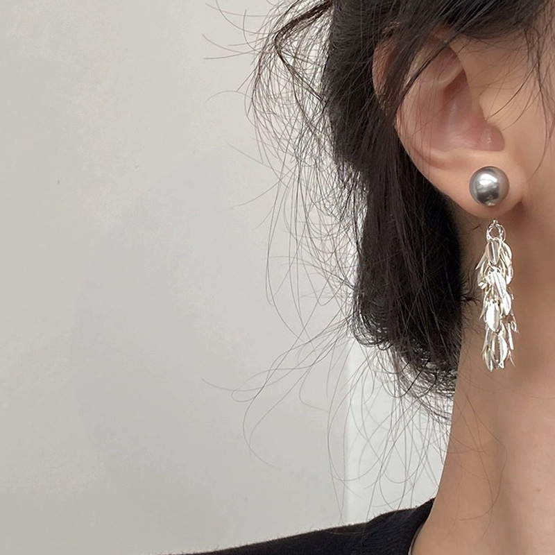 「粼粼流光」法式叶片流苏灰珍珠耳钉秋冬新款高级感时尚百搭小众详情6