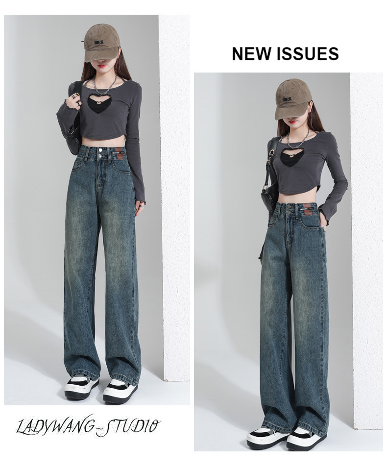 2025 New best-selling spring and autumn straight-leg slimming wide-leg jeans for petite women, high-waisted loose pants pic 14