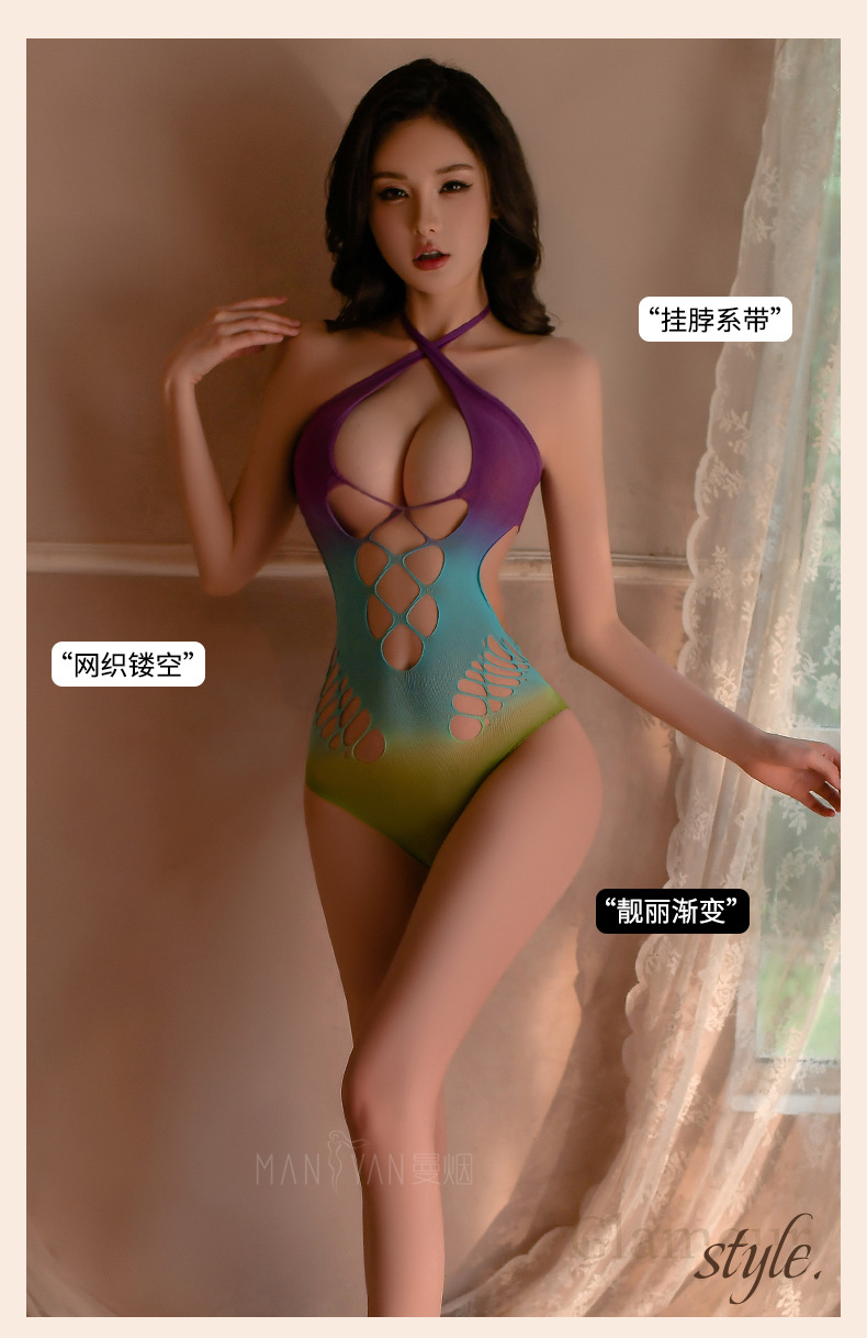 曼烟情趣内衣性感人鱼渐变镂空网织挂脖系带连体衣制服套装7167详情14