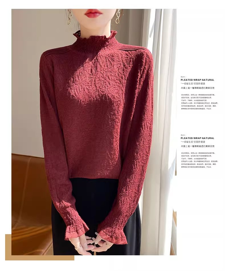 The 2025 autumn/winter new style lace and black ear-trimmed semi-high neck base layer for women is super stylish. Pair it with an A9325 sweater pic 17