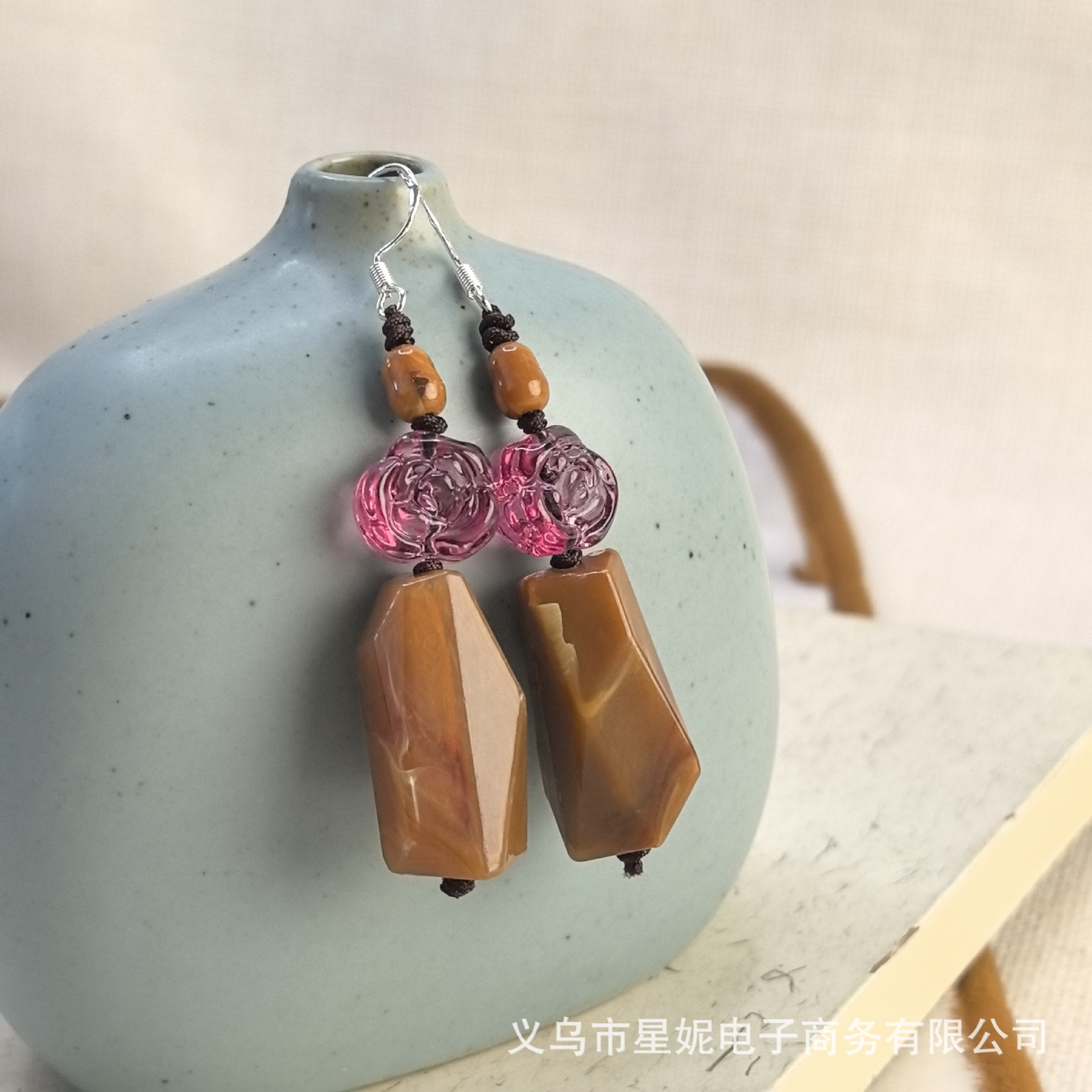 新中式玫瑰花红色紫色清新绿古装汉服轻奢长款不规则耳饰进口详情18