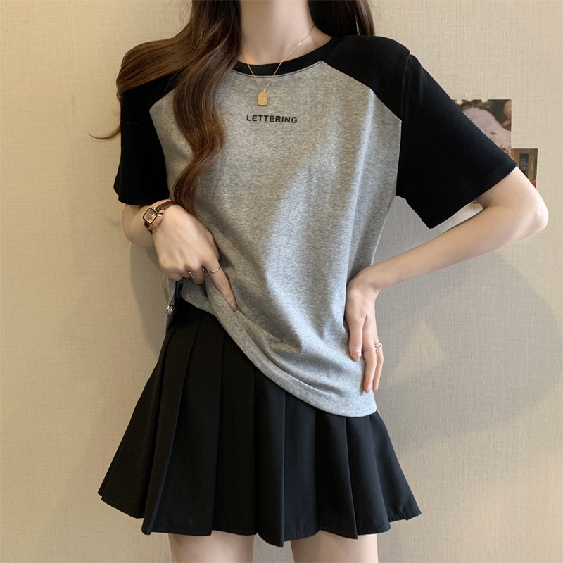 短袖T恤女夏季印花字母打底衫大码显瘦休闲正肩撞色抽绳上衣外穿详情22