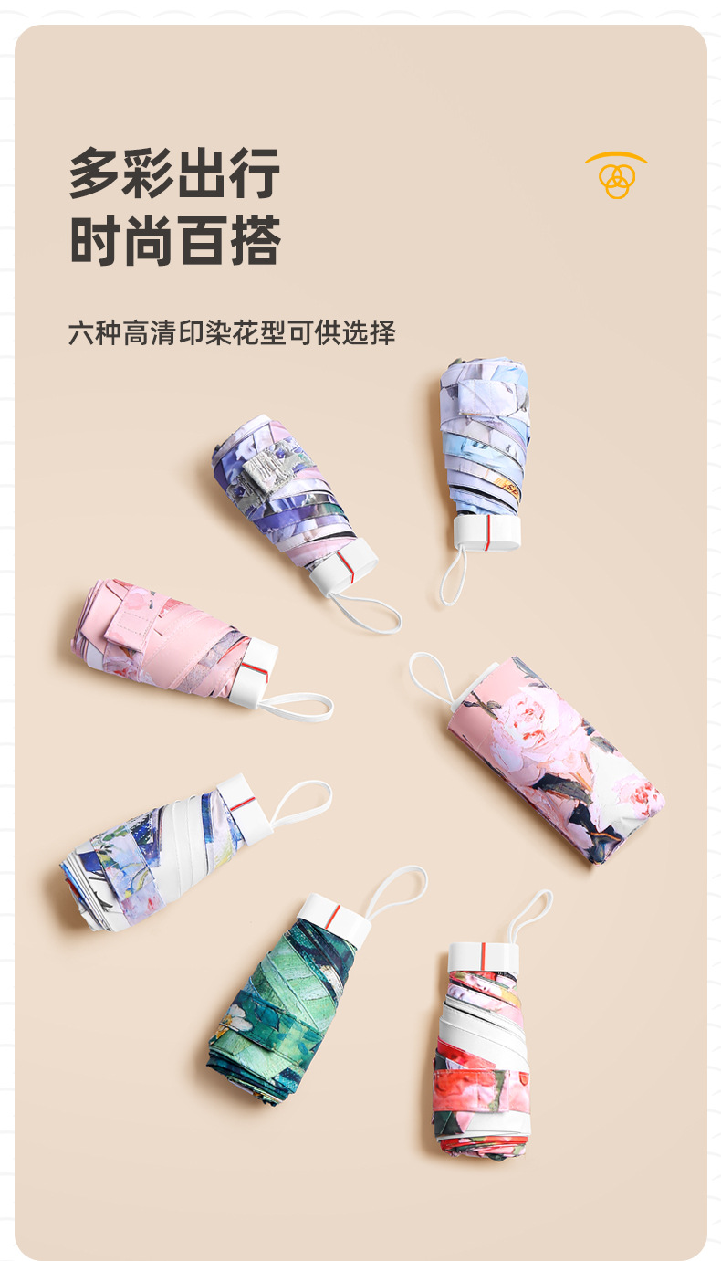 Printed flat five-fold umbrella, sun umbrella, female illustration, hand-drawn style, five-fold sunshade, small and portable folding umbrella pic 6