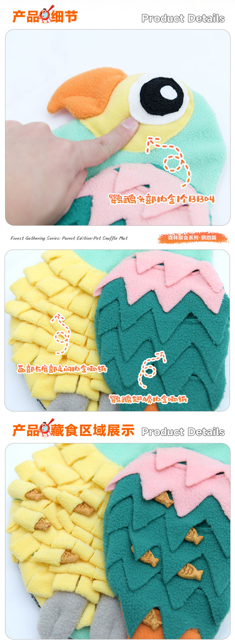 Rongka Pet Cross-border Forest Gathering Series: Colorful parrot-shaped pet Sniffing Pads, Fun and educational Hidden food pads pic 4