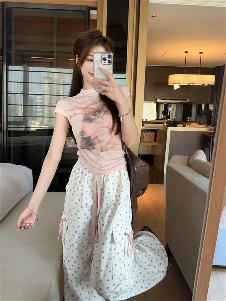 甜辣时尚女猫咪2024新款印花短款修身T恤夏季内搭纯欲ins外穿上衣详情2