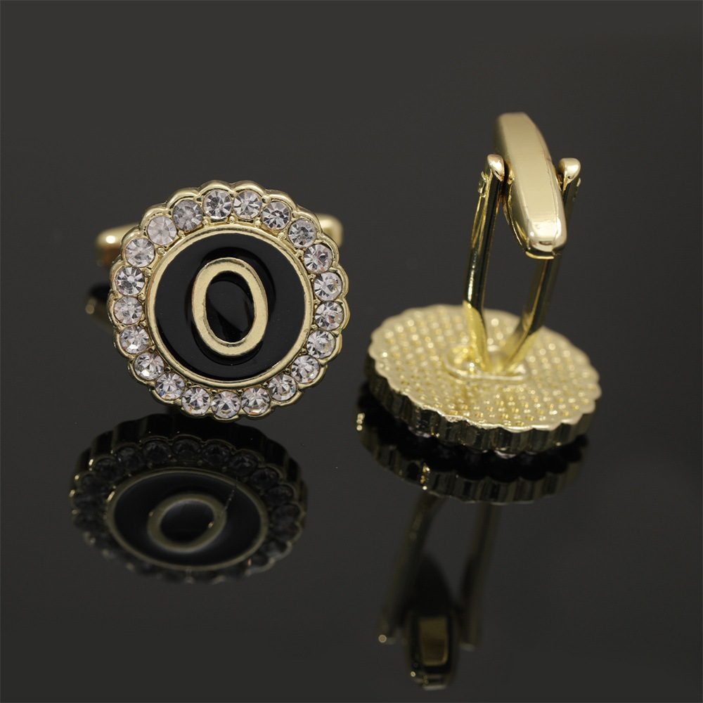 大写字母袖扣圆形镶钻袖钉合金滴油男士衬衫扣26英文字母A-Z配饰详情30