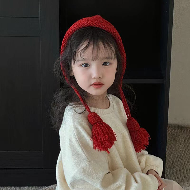 女童秋冬加厚流苏系带套头帽洋气手工针织帽新年红色帽保暖包头帽详情2