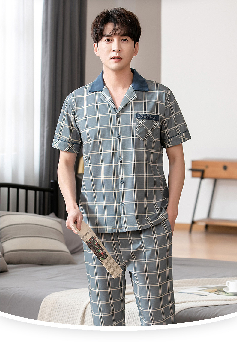 夏季睡衣男士纯棉薄款短袖长裤全棉宽松加大码青年家居服套装男款详情6