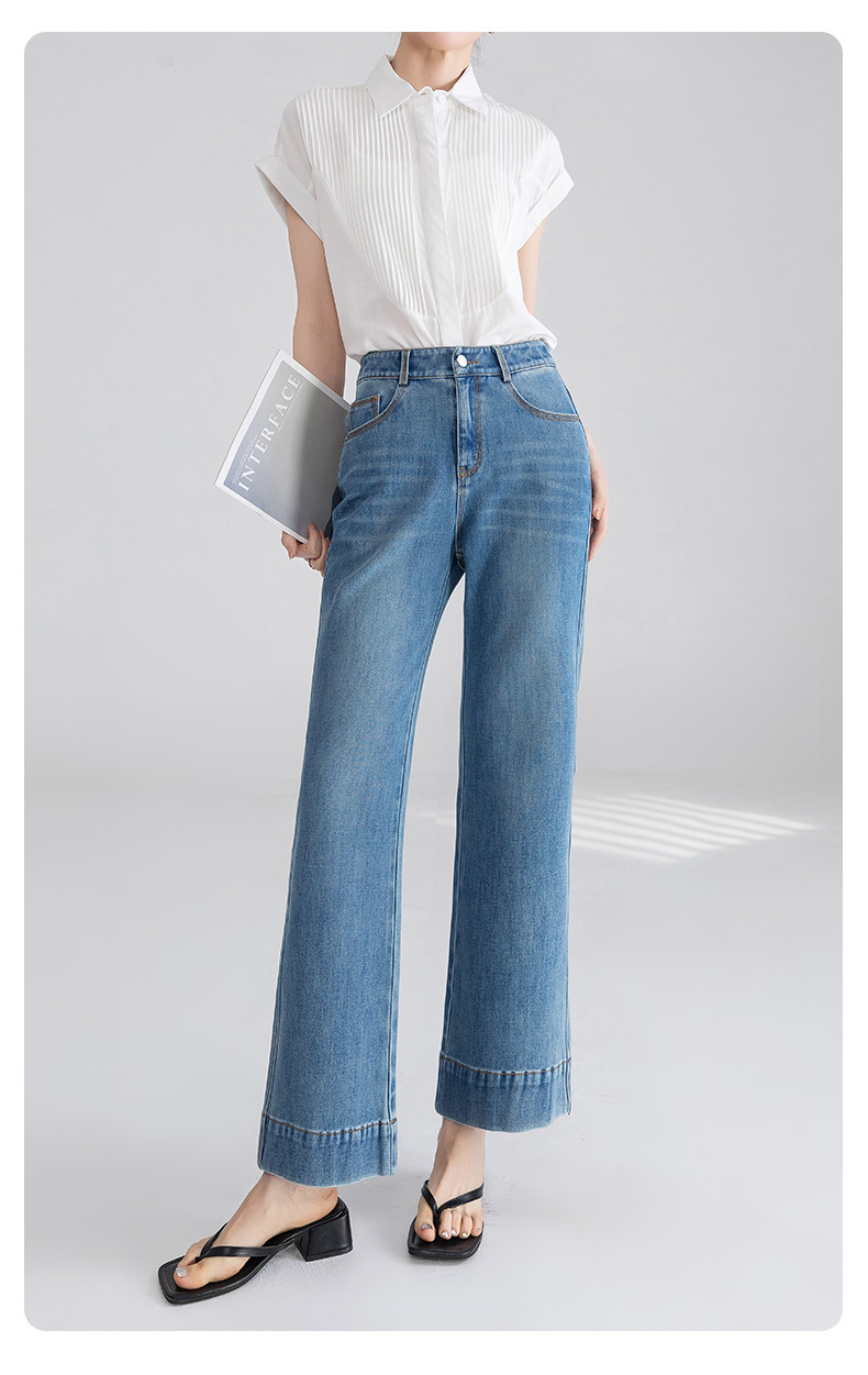 2025新款女式高腰微喇牛仔裤 不贴腿四面弹力显瘦直筒裤 小个子适合穿着的微喇裤详情19