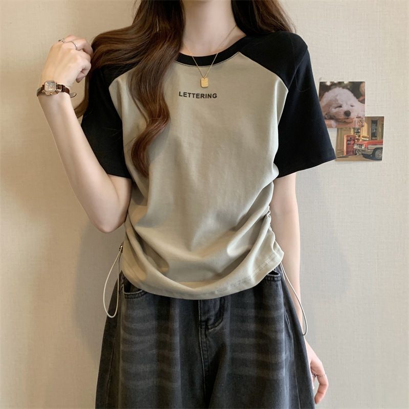 短袖T恤女夏季印花字母打底衫大码显瘦休闲正肩撞色抽绳上衣外穿详情15