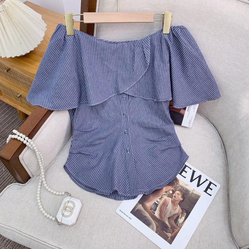 现货UNSP一字肩花边条纹短袖衬衫女2025夏季新款气质收腰显瘦上衣详情7