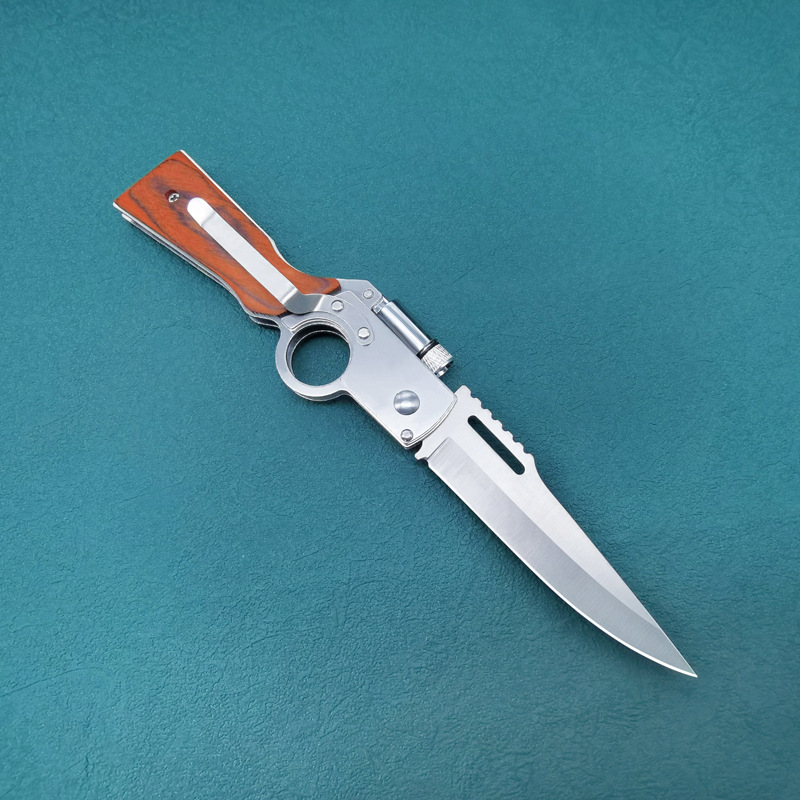 Creative knives, mini self-defense knife, portable folding fruit knife, colored wood AK handle, LED light, stainless steel knife pic 7