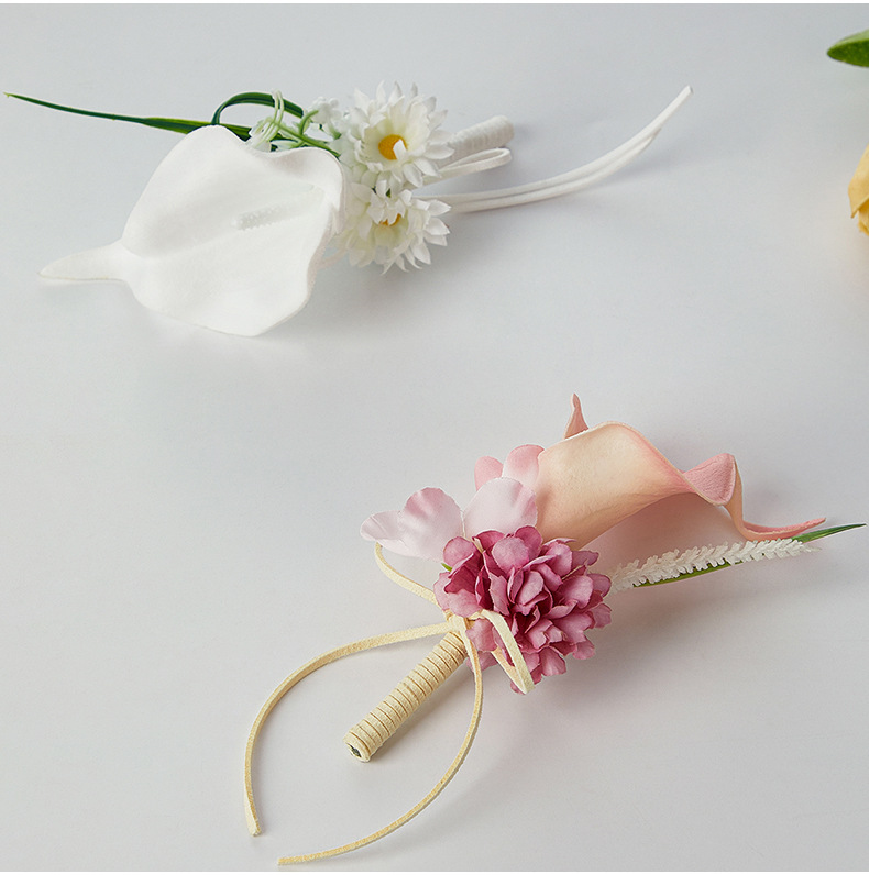 高级感婚礼胸花蜜釉粉永生花马蹄莲男士襟花手工造境新郎结婚胸花详情19