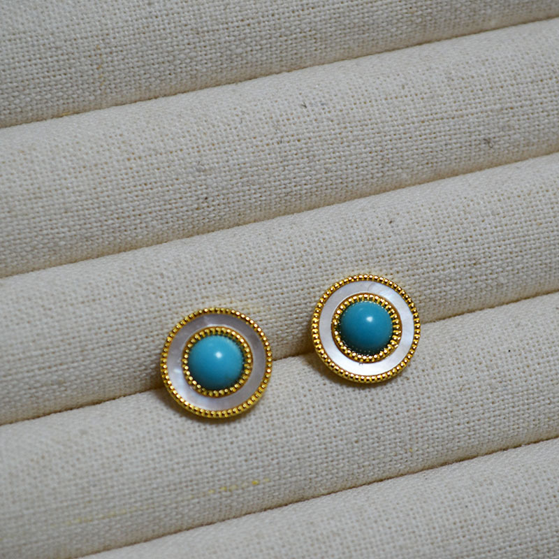 法式复古白色贝母镶嵌绿松石金珠花边气质简约925银针圆耳钉耳饰详情7