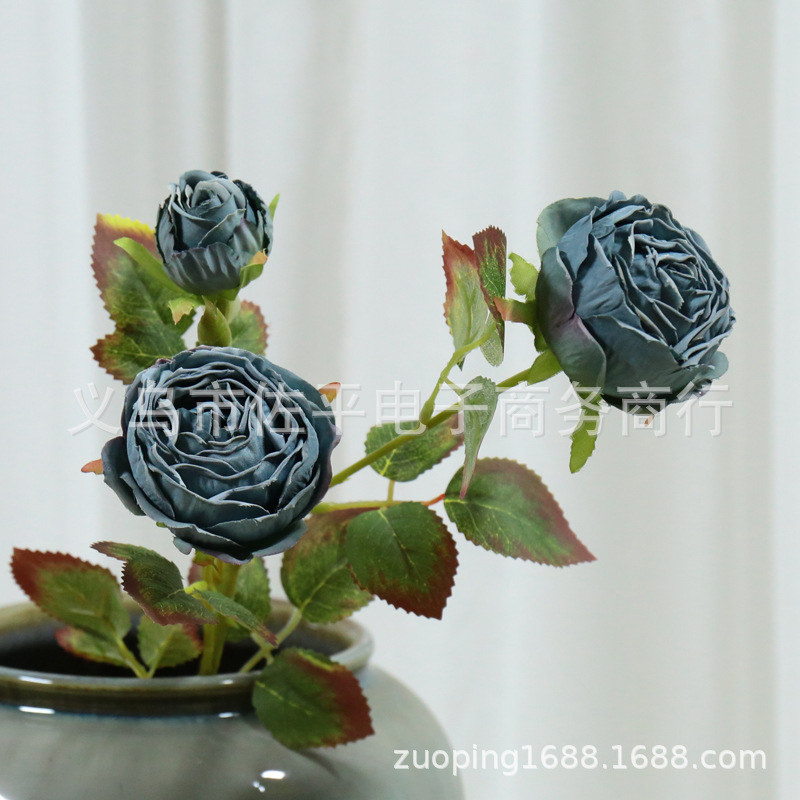 3头烤边玫瑰仿真花家居客厅装饰绢花玫瑰花拍摄道具花橱窗花批发详情8