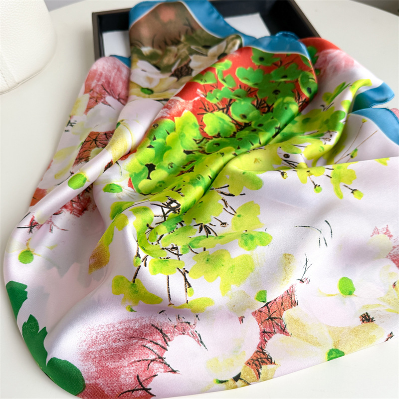 National trend peony flower small silk scarf, spring and summer satin versatile scarf, thin sun-protective headscarf, 70cm faux silk square scarf pic 14