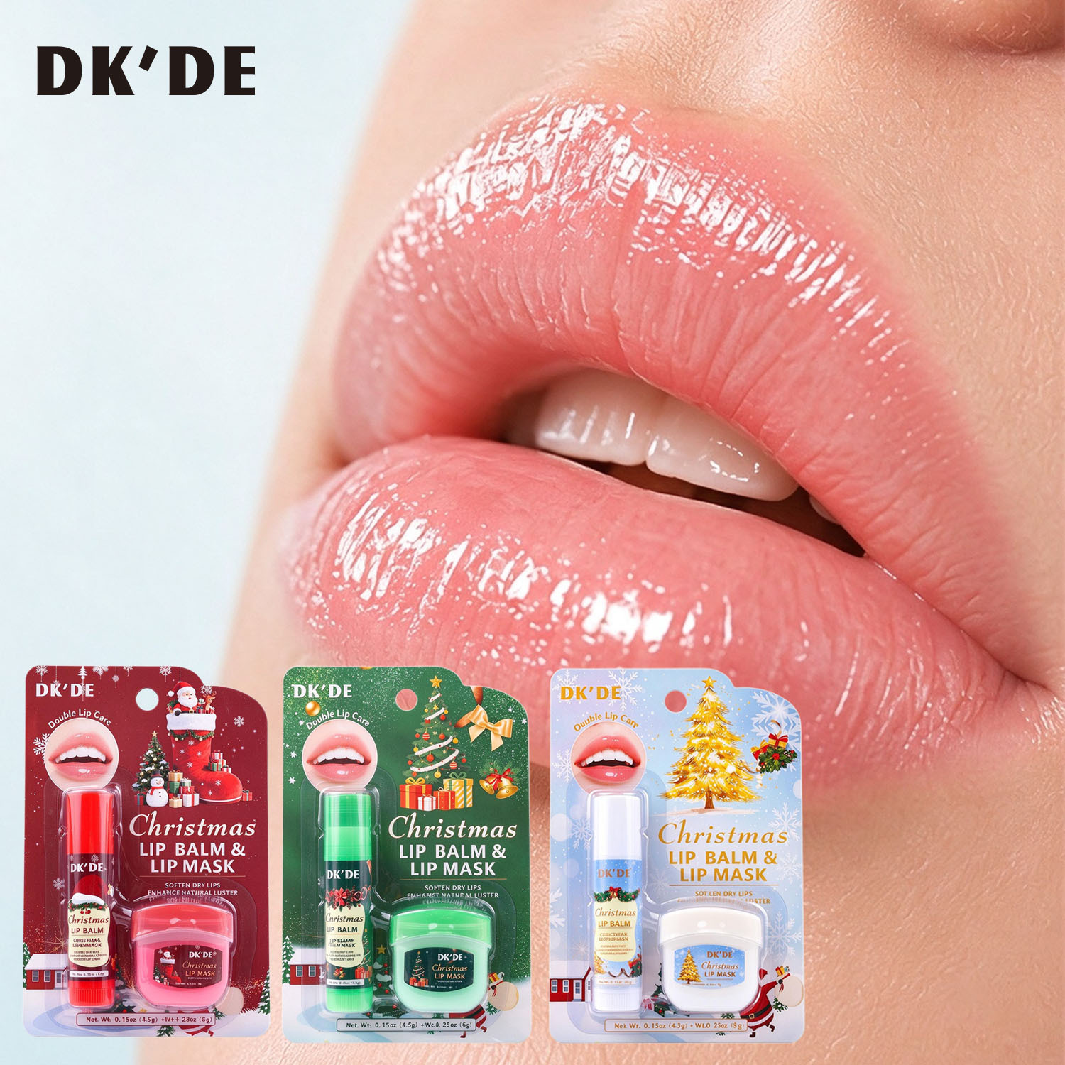 【 Cross-border Exclusive 】DKDE+ 3-color Christmas Lip Mask + Lipstick Set: Soft, firm, hydrating, Protective and anti-cracking pic 12