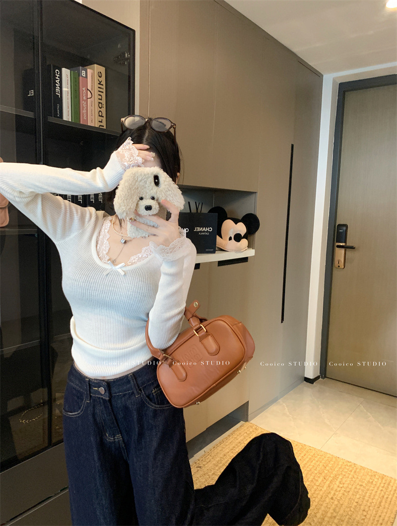 6035#复古蕾丝拼接针织衫新款修身显瘦纯欲风内搭打底长袖上衣女详情40