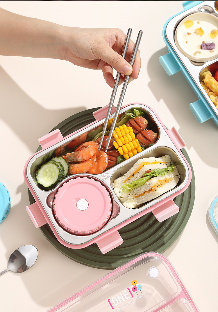 Estudiante con dip box nuevo plato de acero inoxidable comida ligera caja de bento sellada split box lunch cuadrado lunch box plástico pic 5