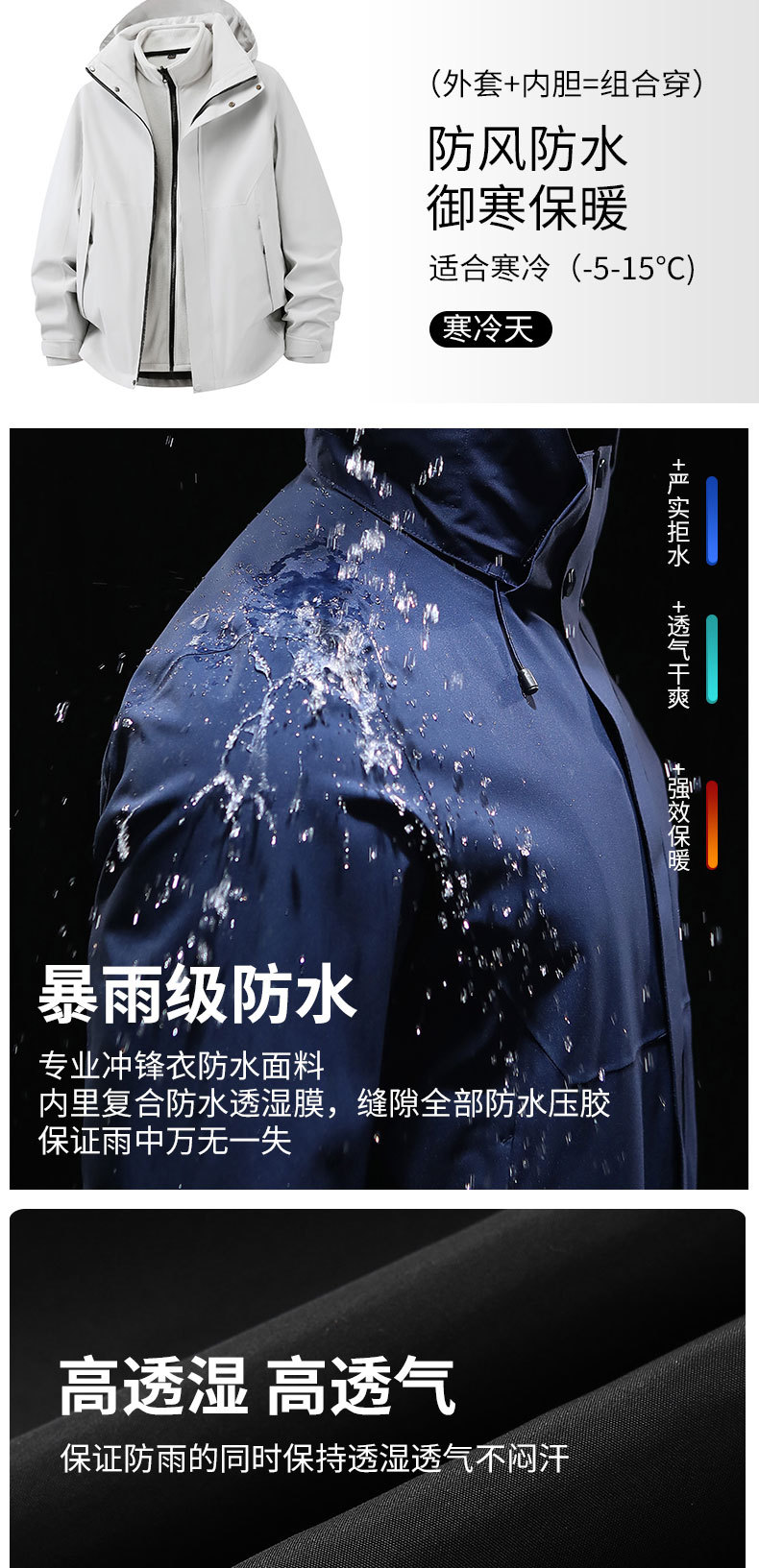 定制冲锋衣三合一男印绣LOGO徒步软壳防风登山服企业团体工装外套详情9
