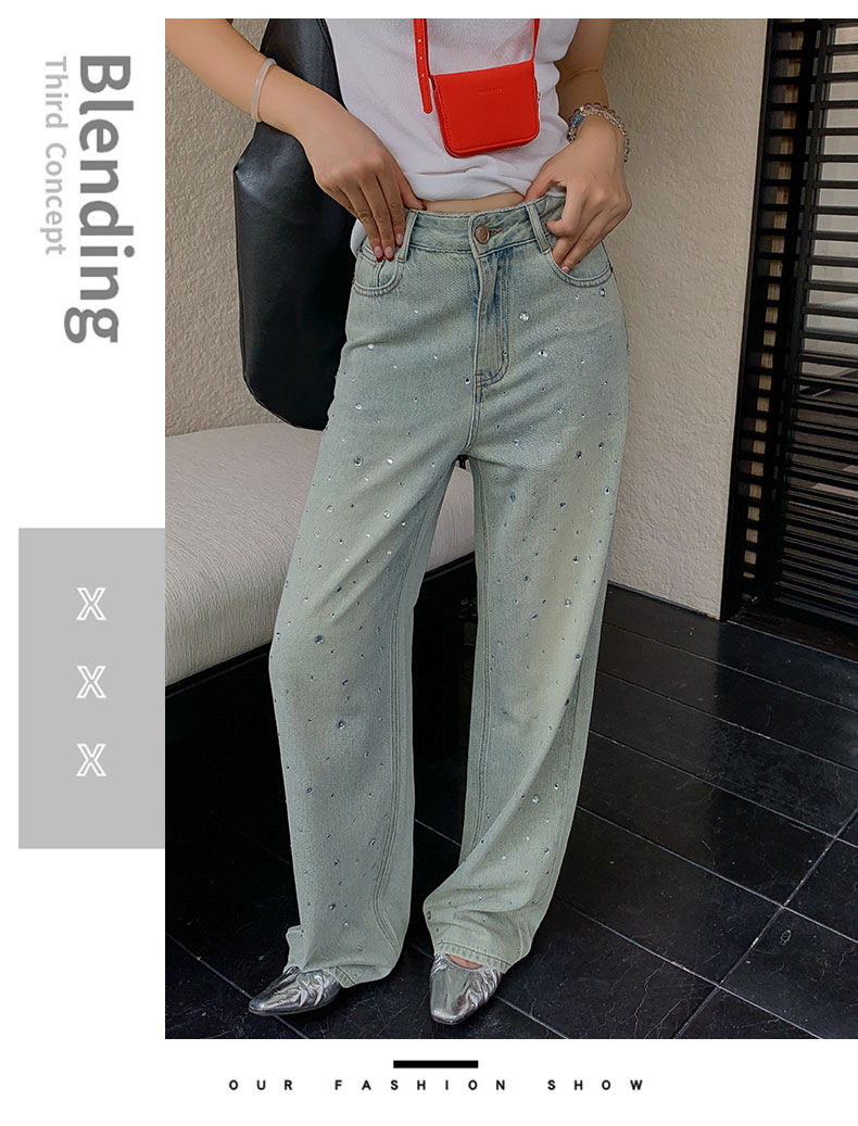 怀旧蓝牛仔高腰阔腿裤女2024春夏新款设计感烫钻时尚拖地裤详情14