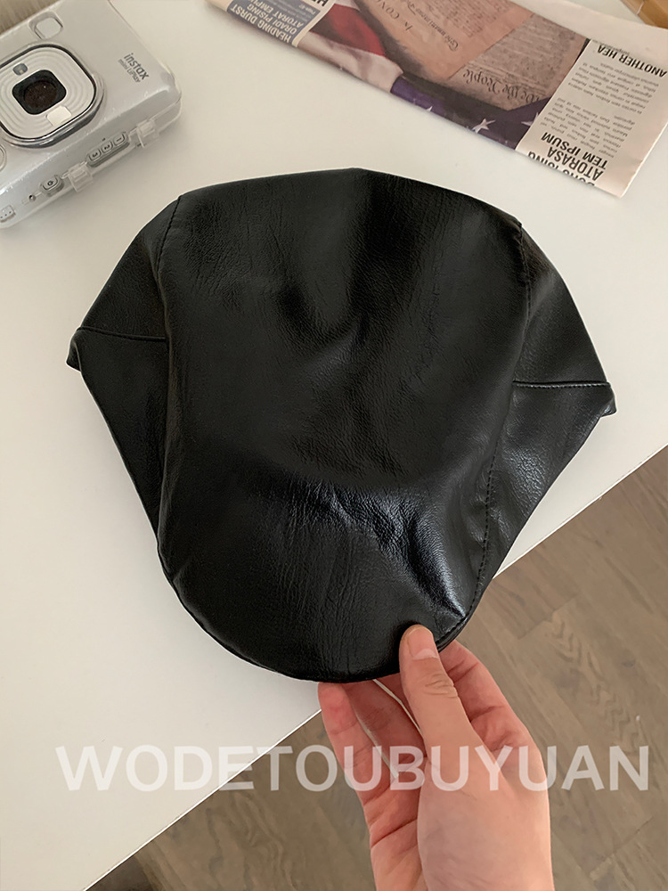 Red retro leather front hat, Korean style versatile duck tongue beret, fashionable newsboy cap, face-showing small hat pic 12