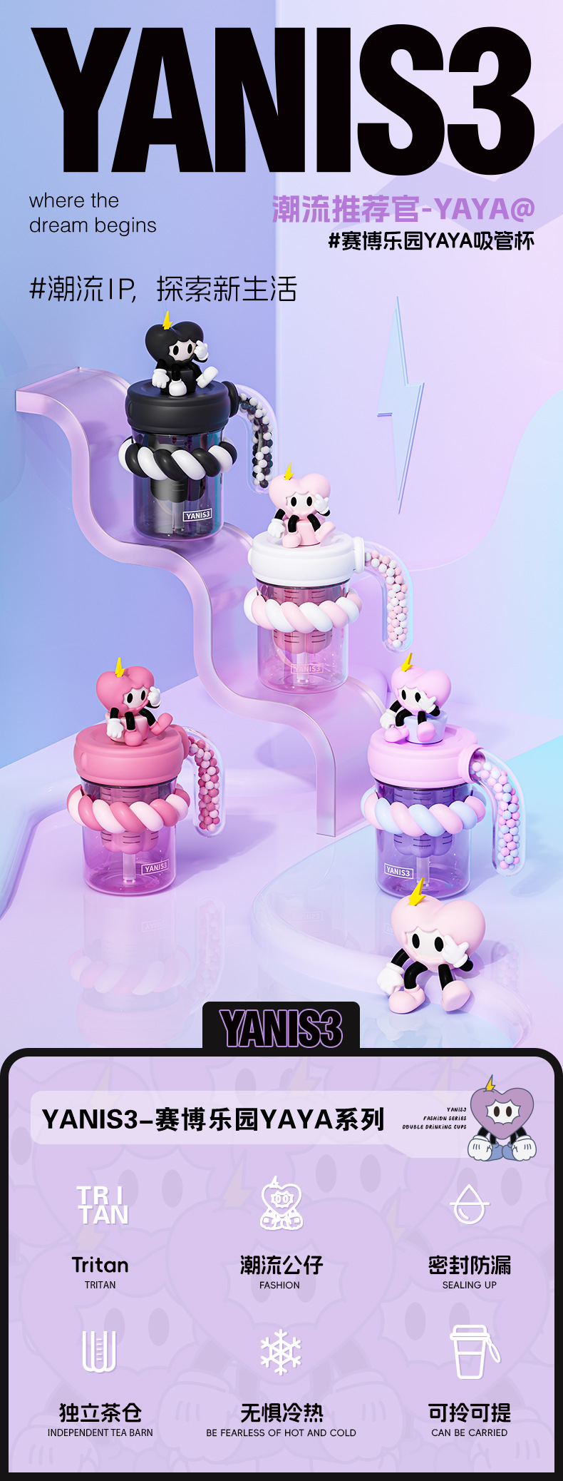 跨境yanis3赛博丫丫吸管杯大容量学生上学高颜值卡通夏季儿童杯子详情1