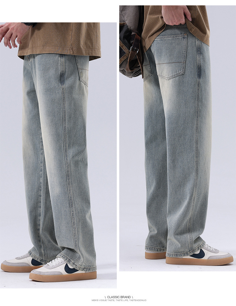春夏新款牛仔裤男美式直筒牛仔裤男微叭阔腿黄泥复古胖子牛仔裤男详情19