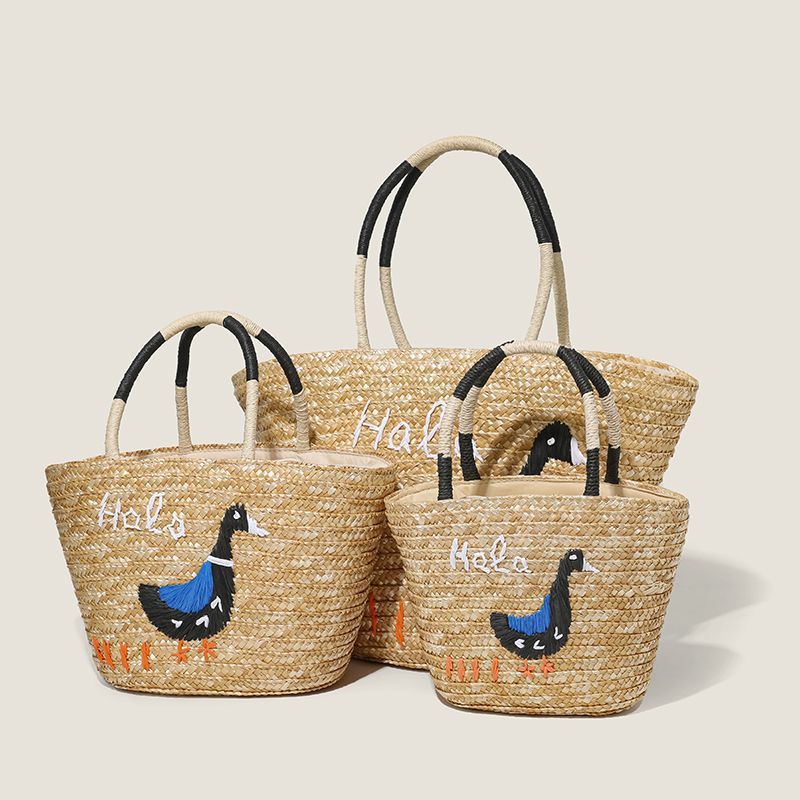 手工鸭刺绣国潮草编包包夏天女士沙滩包时尚法式菜篮包复古编织包详情3