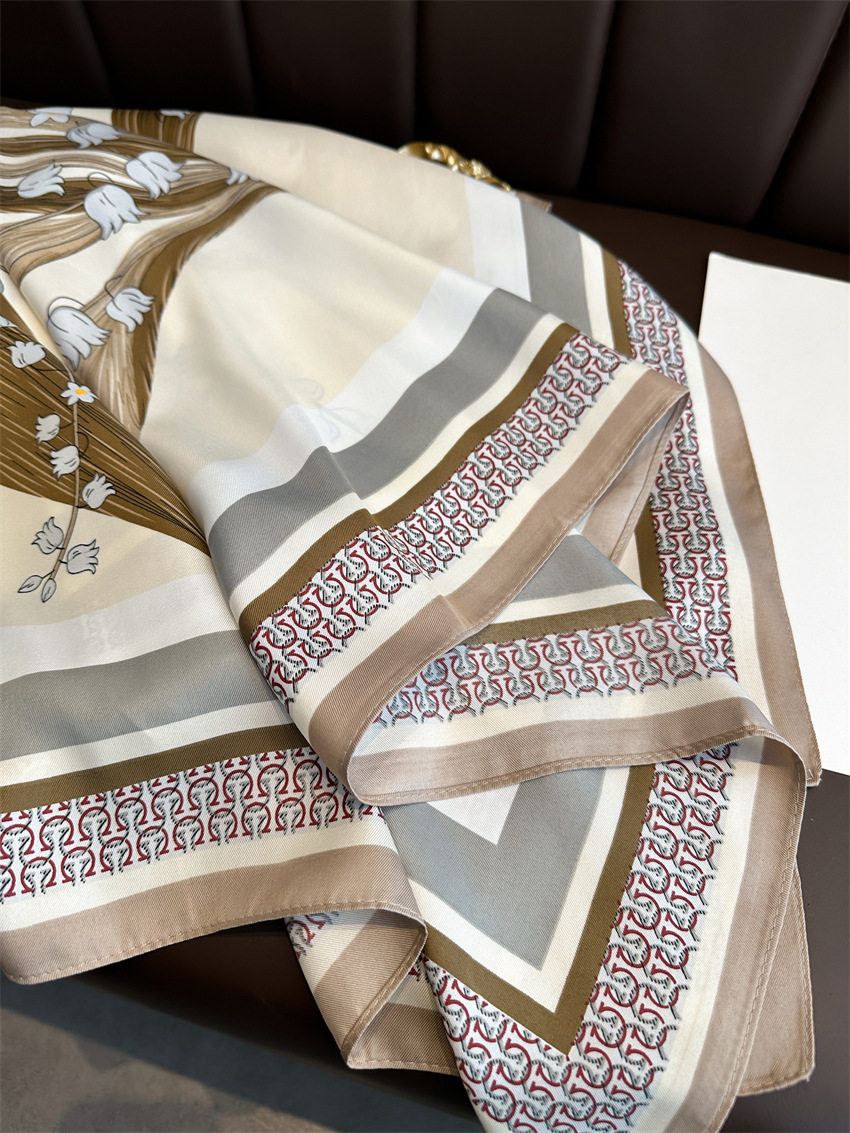 A 90cm new elegant and stylish square scarf with a twill pattern featuring Chinese trend lily of the valley flowers. It is a versatile sun-protective shawl and headscarf for women pic 4
