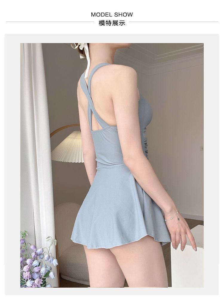 温泉泳衣女时尚爆款纯色显瘦遮肉连体裙式保守收腰性感游泳衣批发-028407详情8